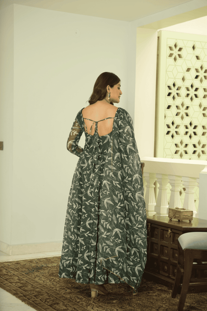 Elegant Green Tebby Organza Printed Anarkali Set