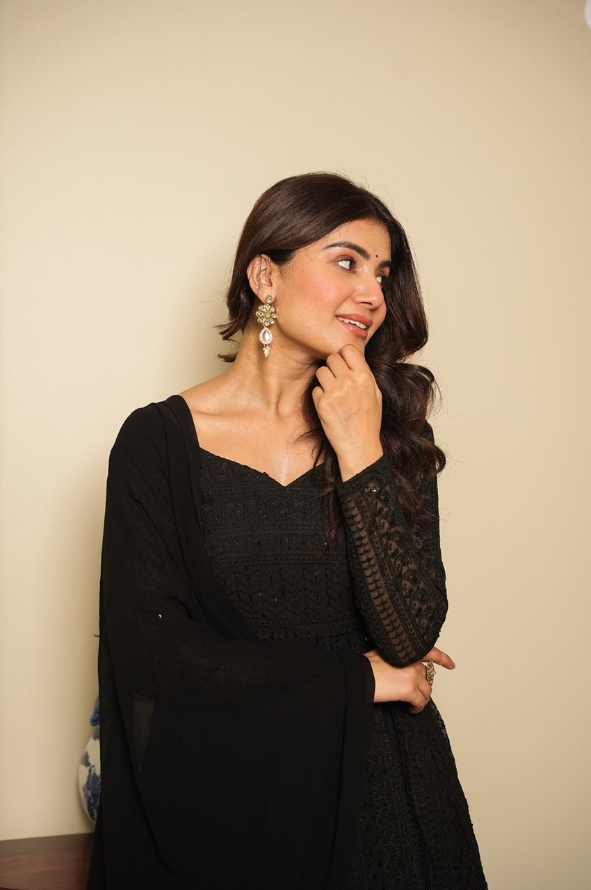 Black Georgette Lucknowi Work Anarkali Suit Set