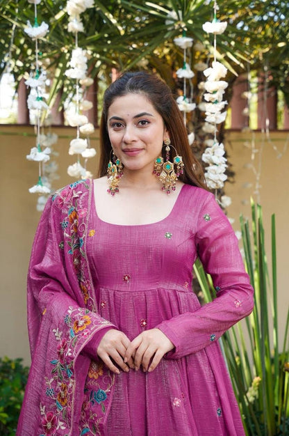 Magenta Crushed Silk Anarkali Suit Set