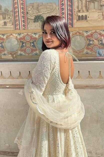 Luxurious White Georgette Anarkali Suit Set with Lakhnawi Work