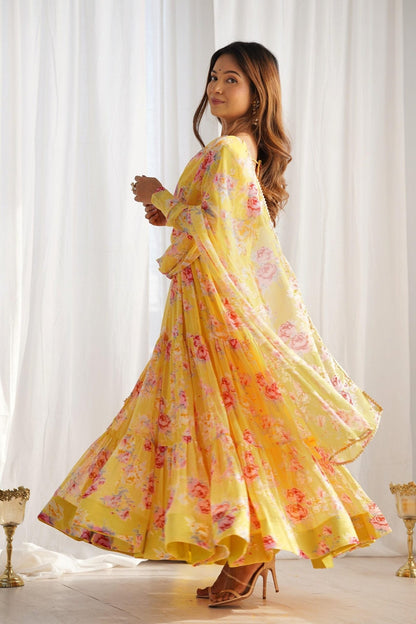 Yellow Floral Print Fox Georgette Anarkali Suit Set