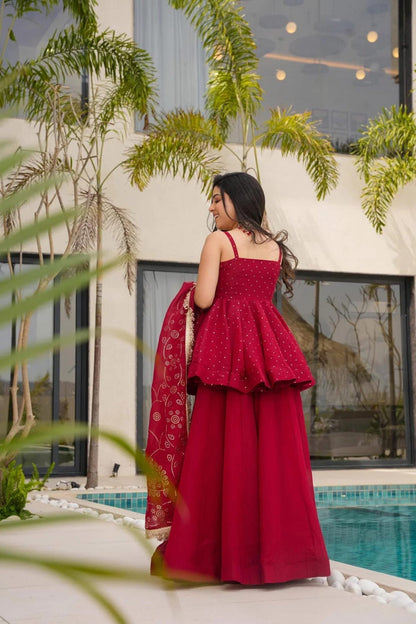 Cherry Red Tabby Organza Mukesh Work Palazzo Suit